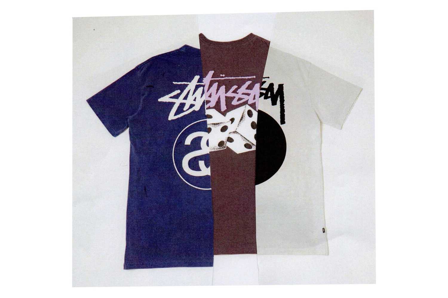 Three Stussy t-shirts featuring the curly S, dice, and interlocked S logos